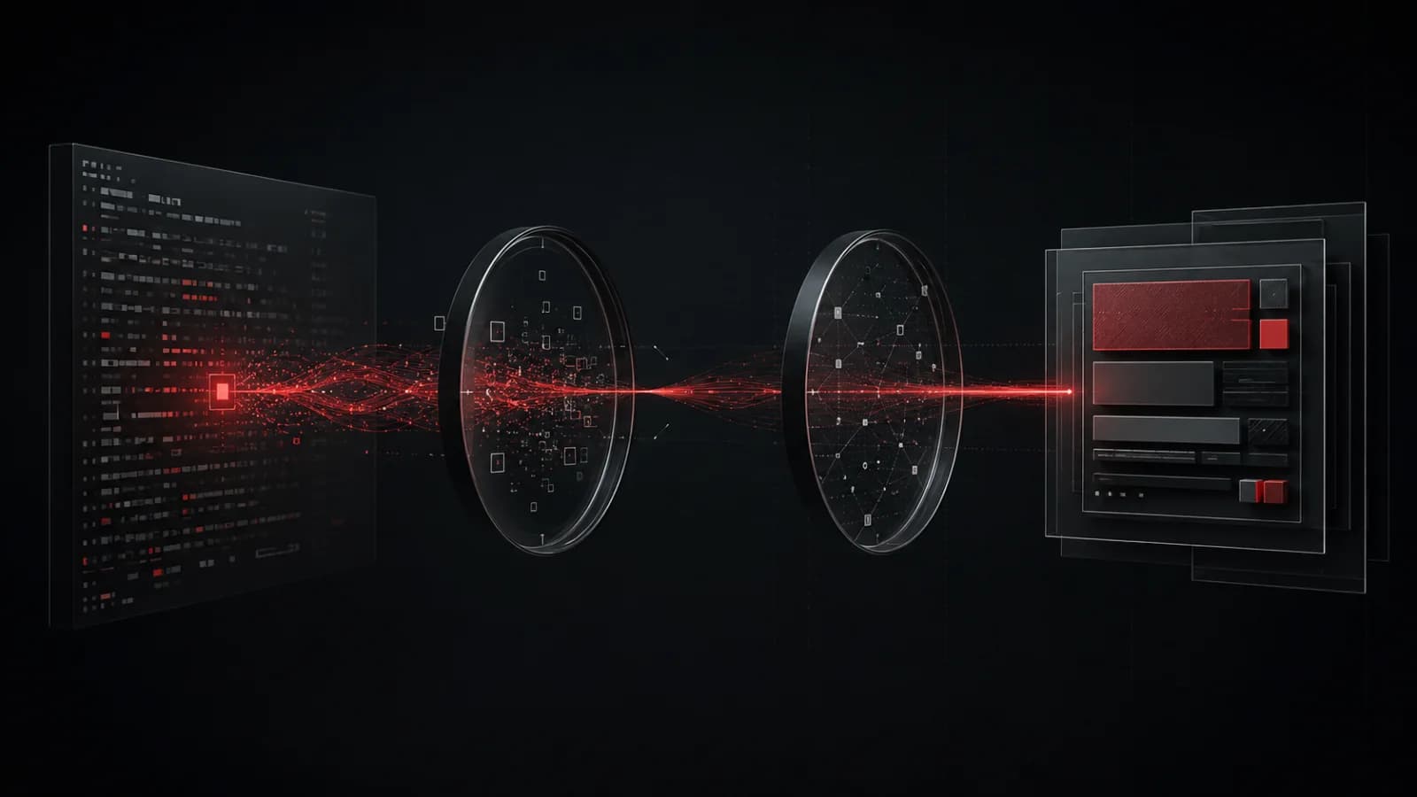 A source-code signal moving through evidence review into a structured finding